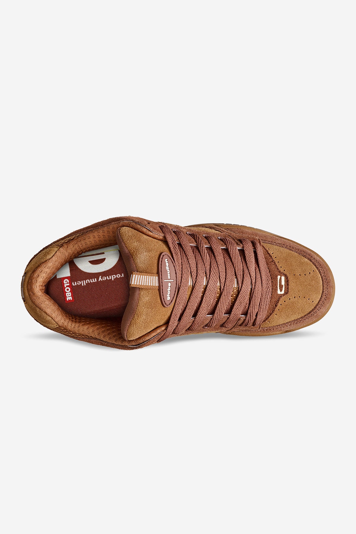 A top view of the Tilt Prime - Rust Brown sneaker with matching brown laces, a padded tongue, and a visible red logo tag on the insole.