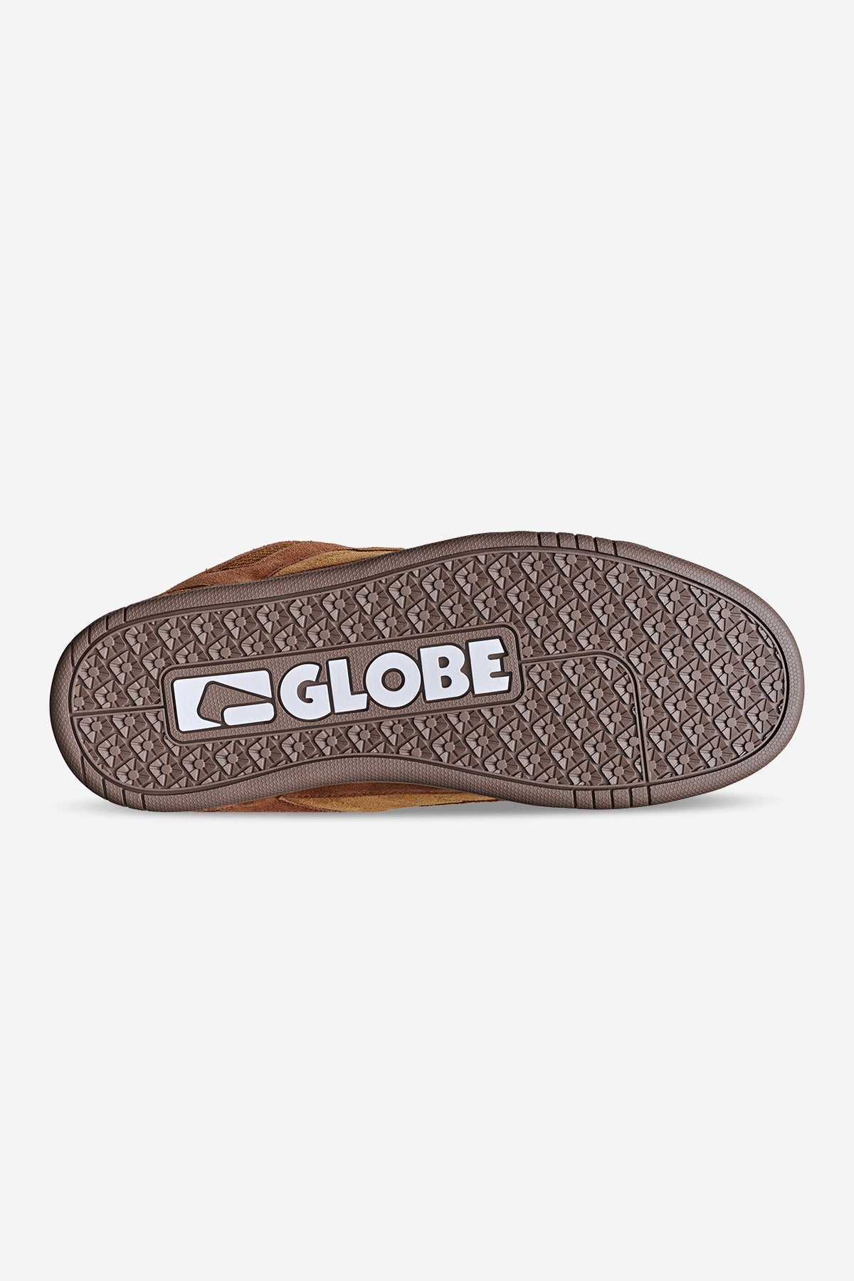 The image shows the brown rubber sole of the Tilt Prime - Rust Brown shoe, featuring a textured patterned grip. The word GLOBE and the brand's logo are printed in bold white letters at the center.