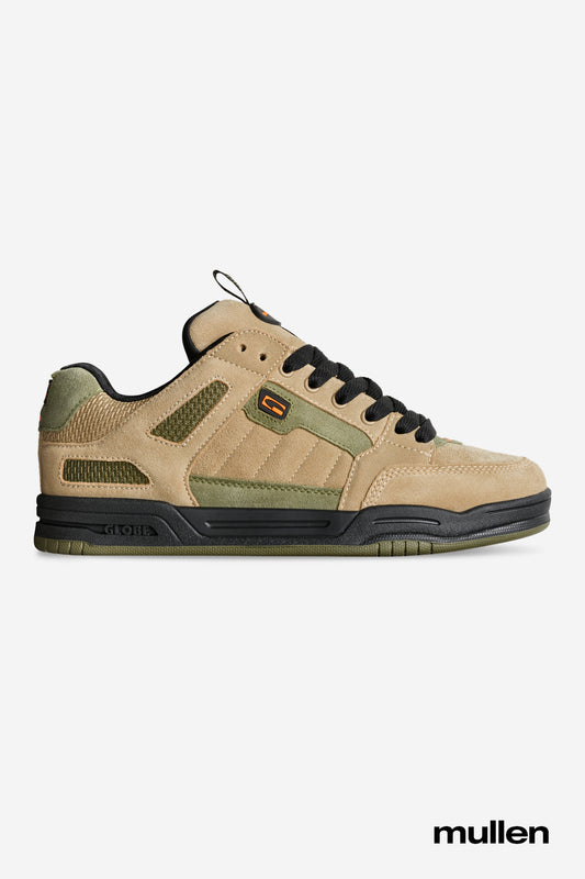 Side view of Tilt Prime Olive/Orange skate shoe with tan suede upper olive panels black laces and orange branding