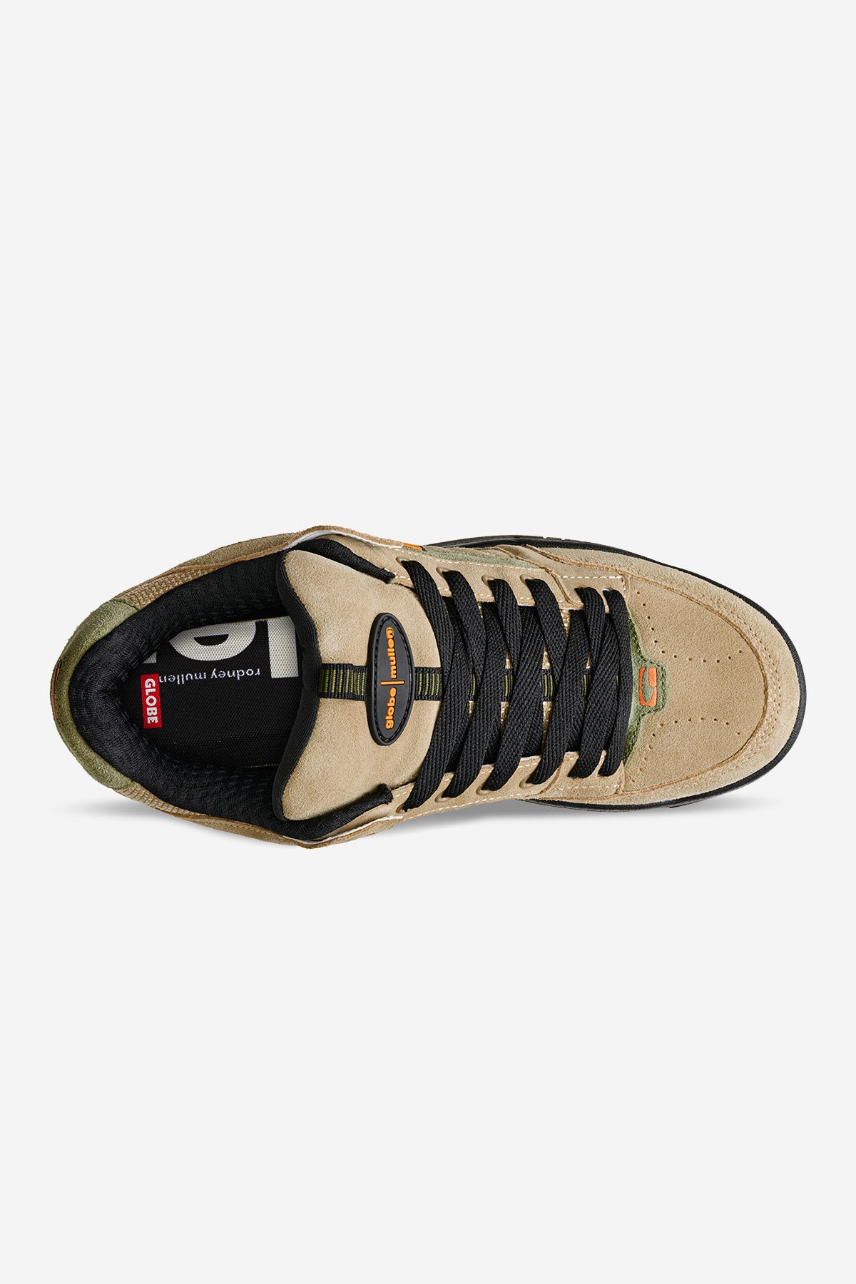 Top view of Tilt Prime Olive/Orange skate shoe showing tan suede upper black laces and orange logo details