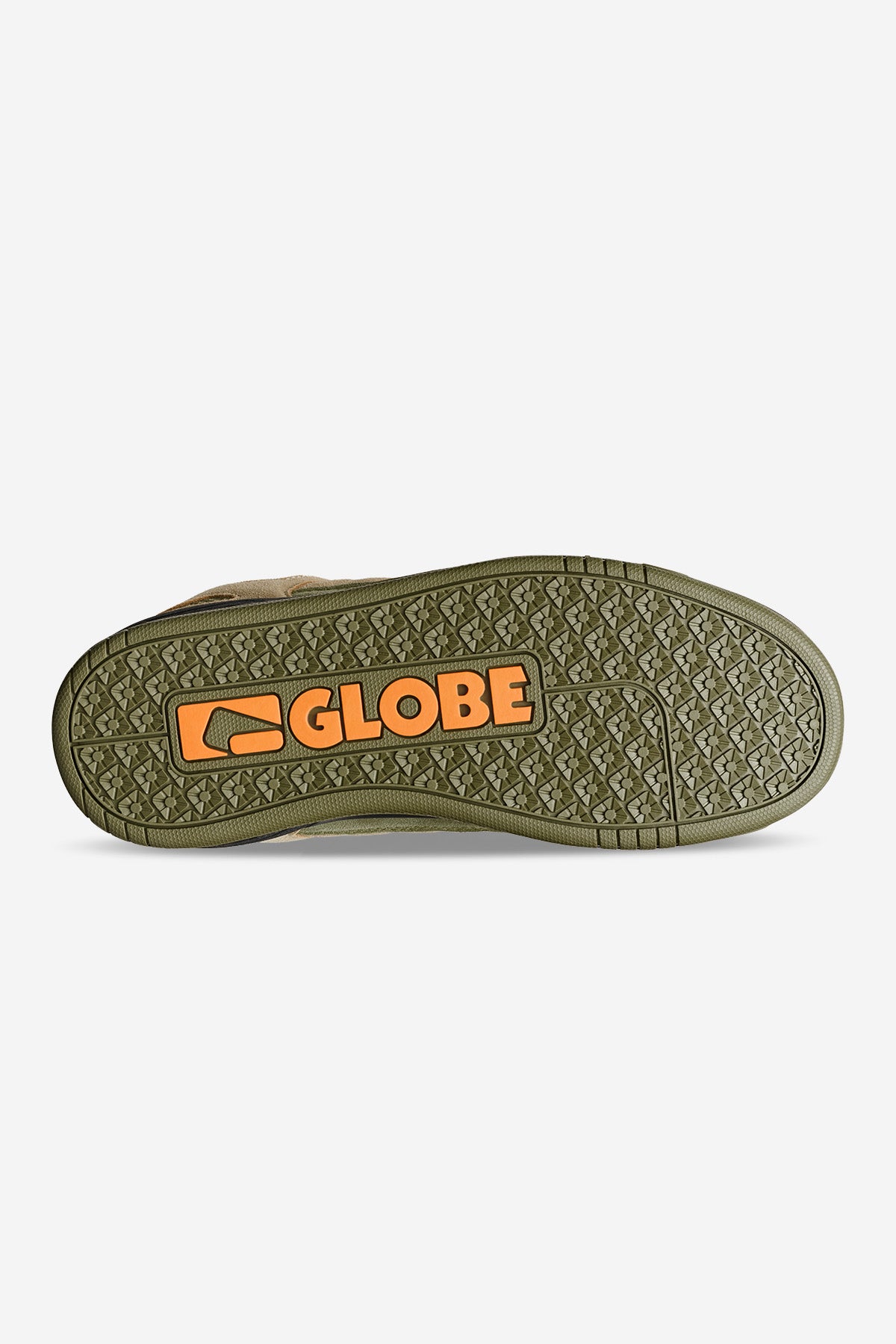 Bottom view of Tilt Prime outsole in olive and tan with large orange Globe logo