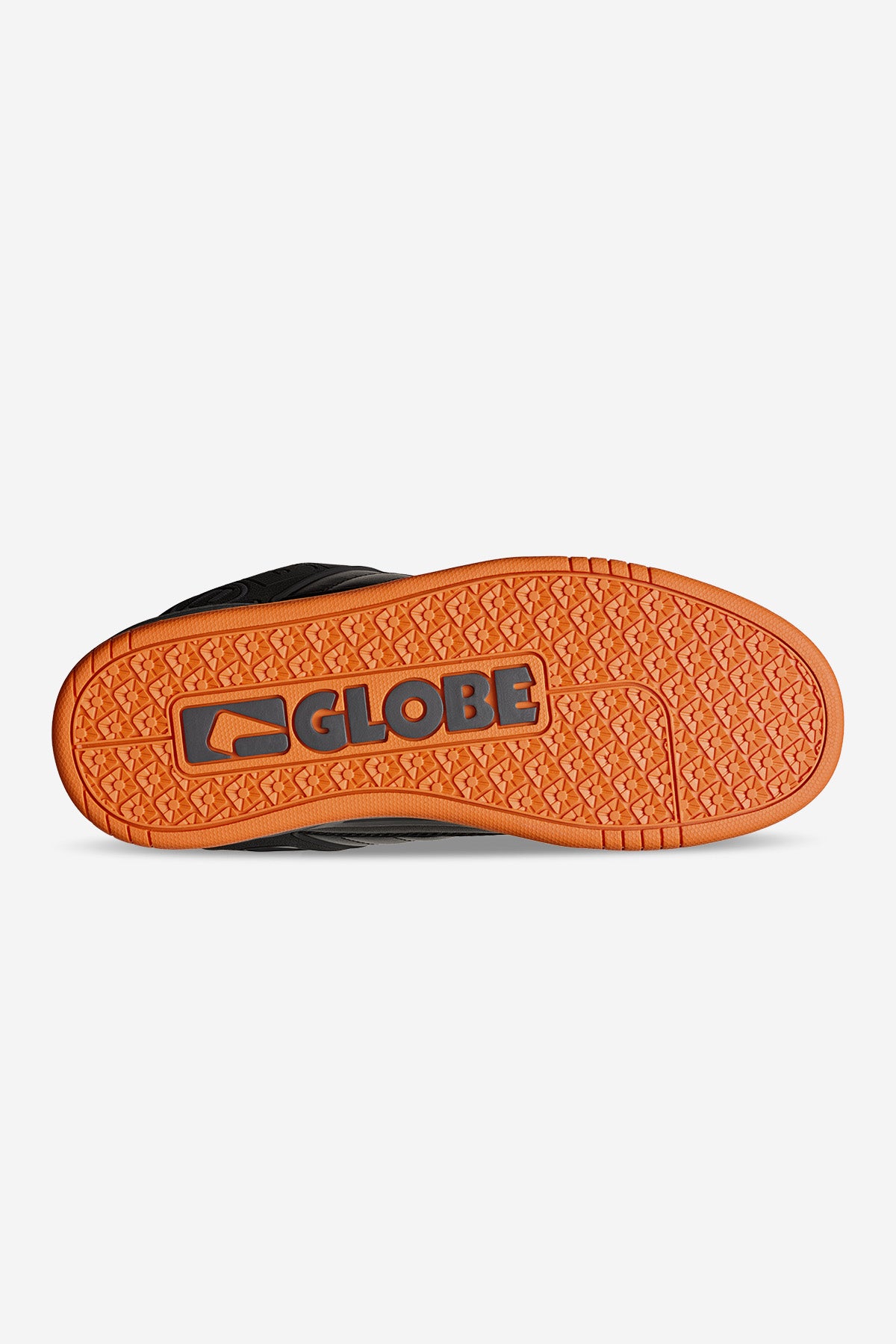 Outsole view of Globe Tilt black orange skate shoe with bright orange tread and Globe logo