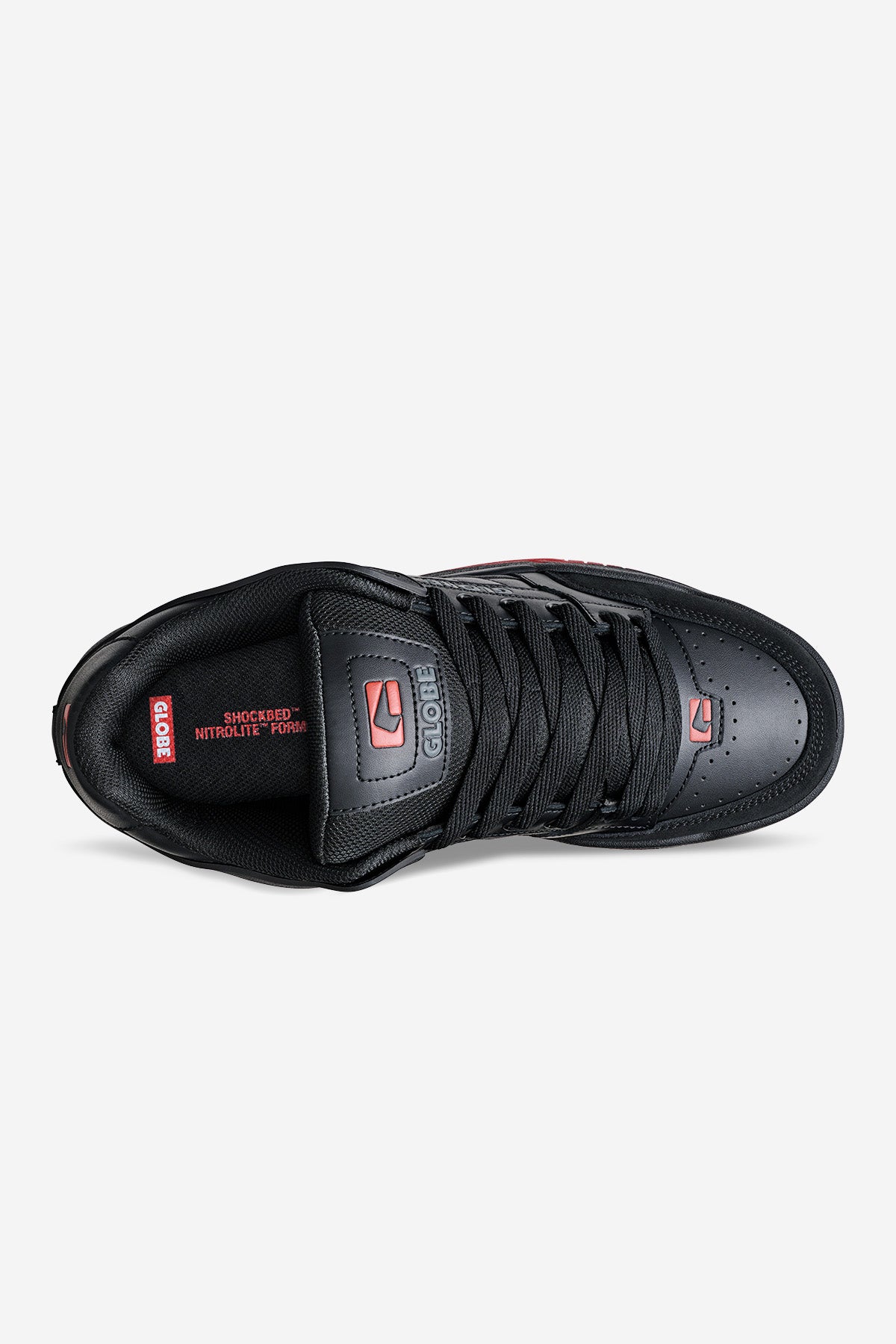 Top view of the Tilt - Black/Red/Charcoal skate shoe featuring black laces, red accents, and Globe branding on the tongue and insole.