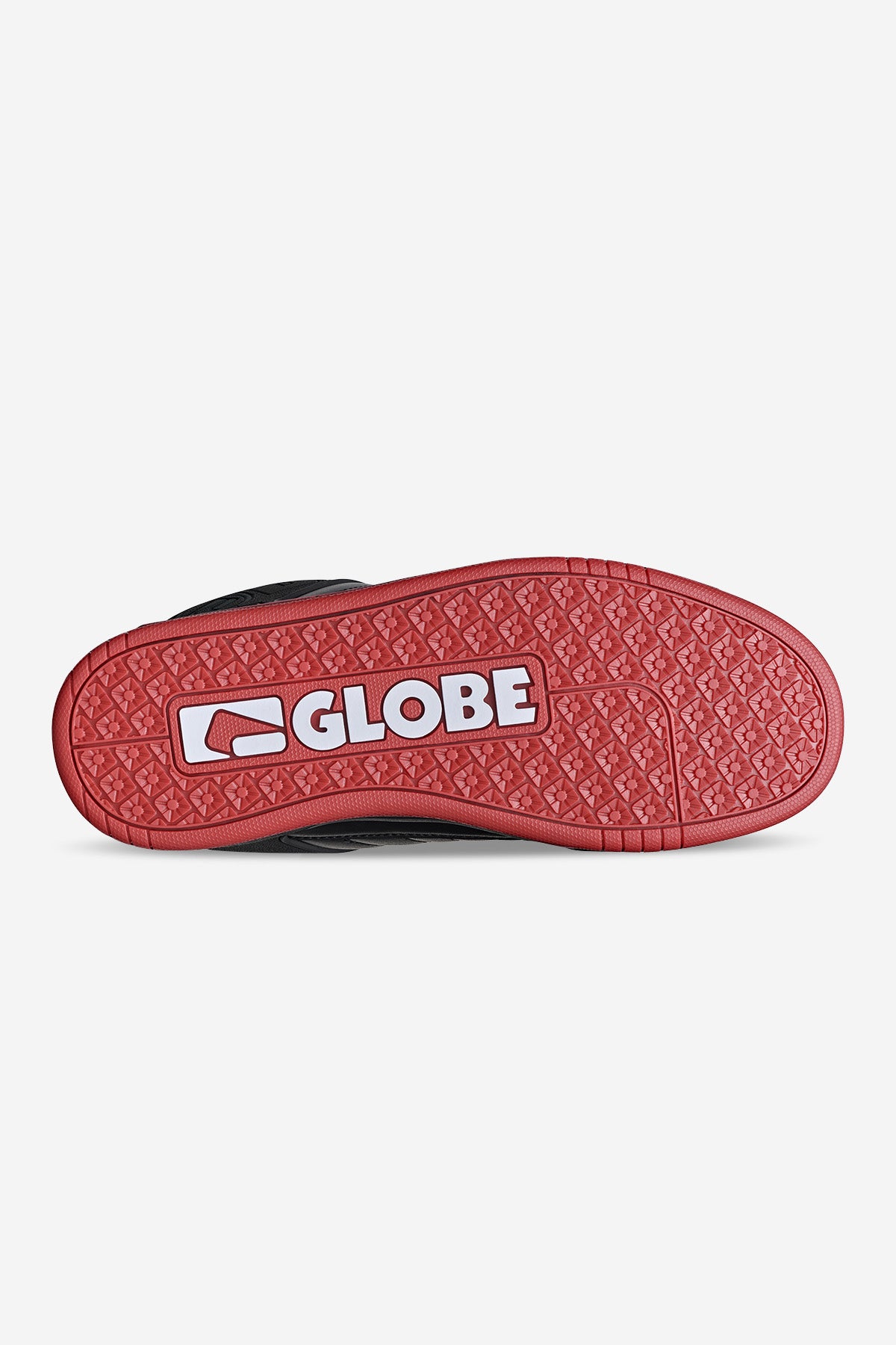 The image shows the red sole of the Tilt - Black/Red/Charcoal shoe, featuring a textured grip pattern and "GLOBE" in bold white letters inside a rectangle near the middle.