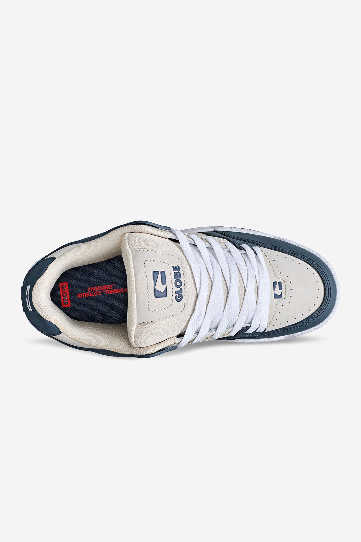 Top view of the Tilt - Blue/Grey sneaker featuring white laces, cream and dark green panels, a padded beige collar, Globe logos on tongue and side, and a red insole with white text.