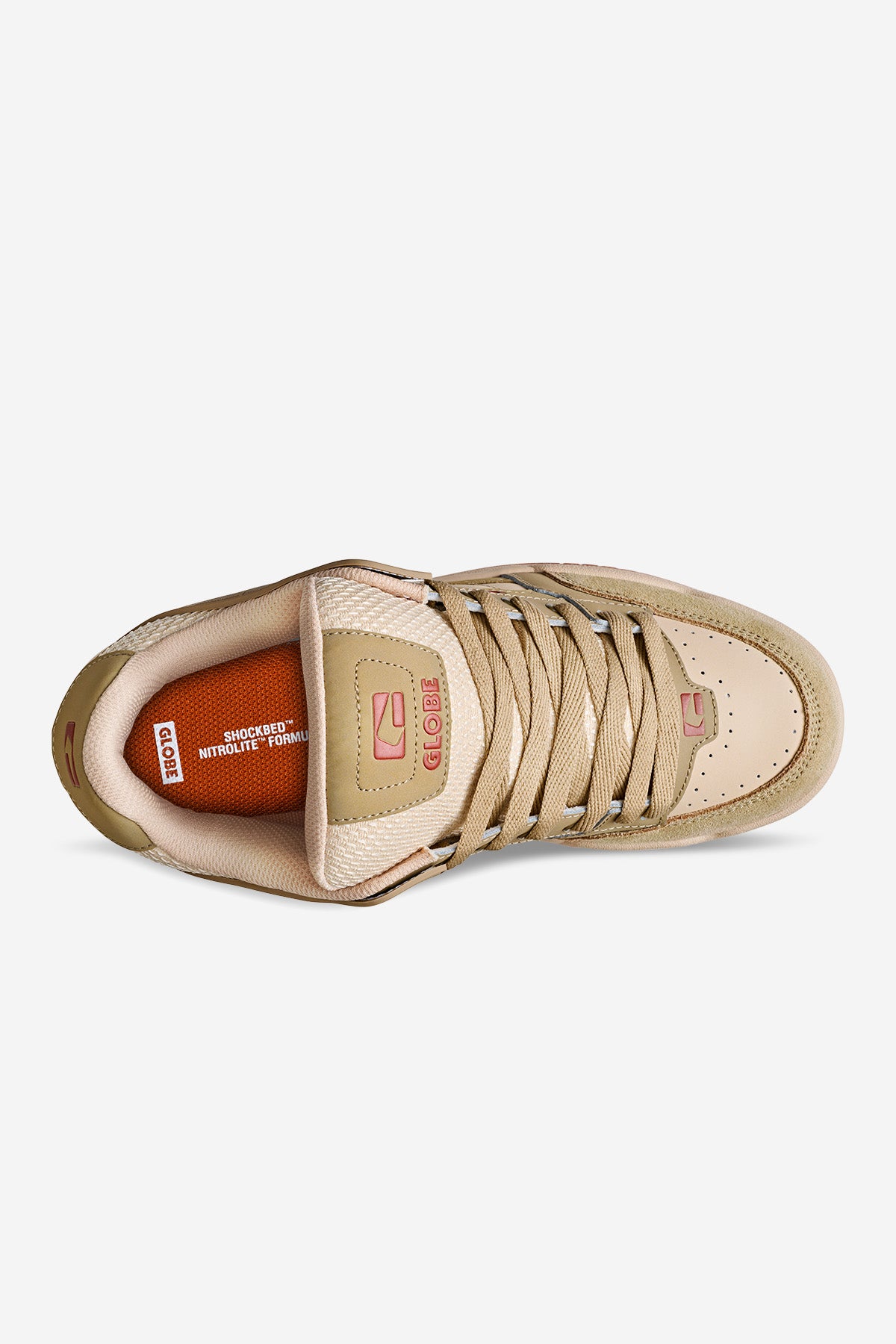 Top view of the Tilt - Sand/Red sneaker in beige with tan laces, a red Globe logo on the tongue, and an orange insole labeled SHOCKBED NITROLITE FOAM. The shoe is displayed against a white background.