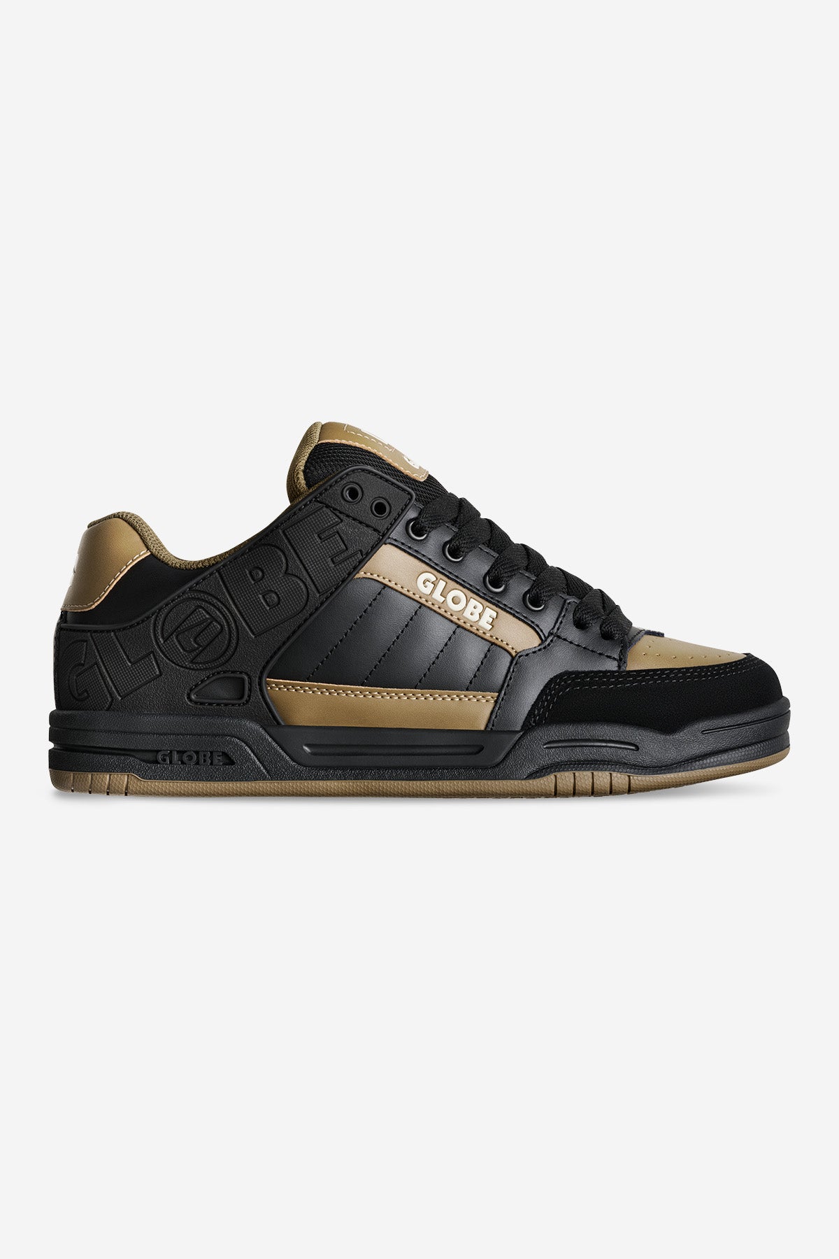 Tilt Black Granite Globe skate shoe with black upper tan accents, embossed Globe branding on the side and gum outsole.