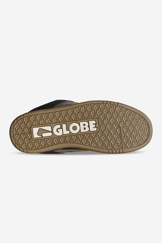 Bottom sole of Tilt Black Granite skate shoe displaying S-Trac tread pattern and Globe logo