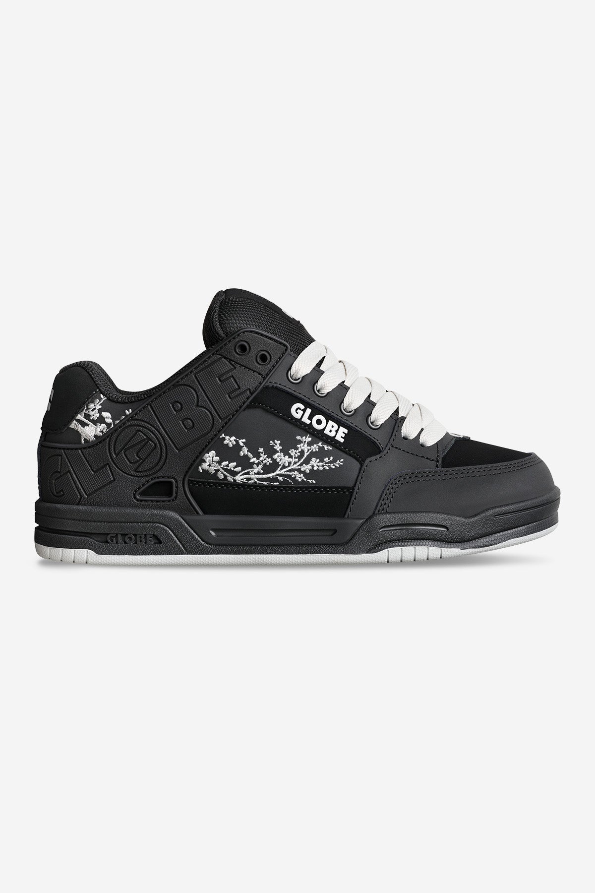 Black Globe Tilt sneakers with white cherry blossom embroidery and white laces