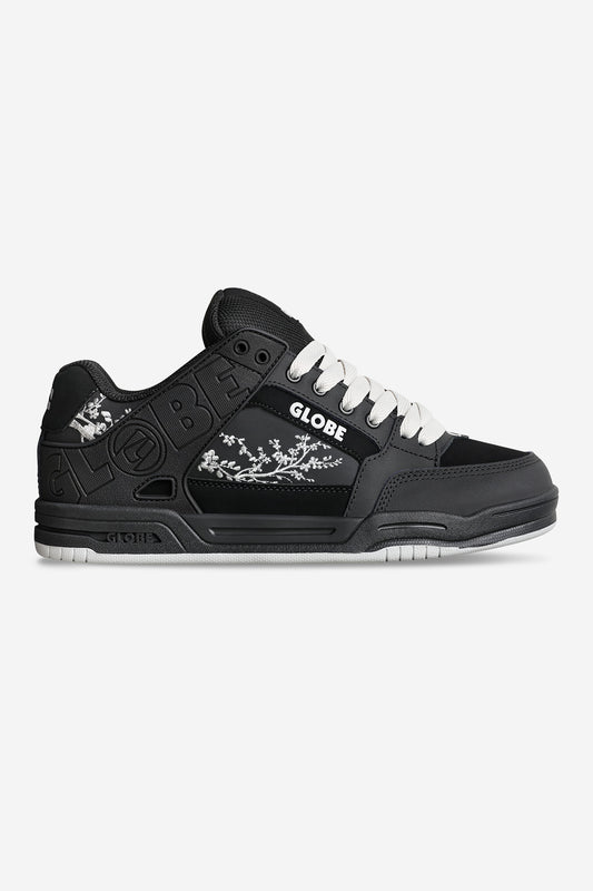 Black Globe Tilt sneakers with white cherry blossom embroidery and white laces
