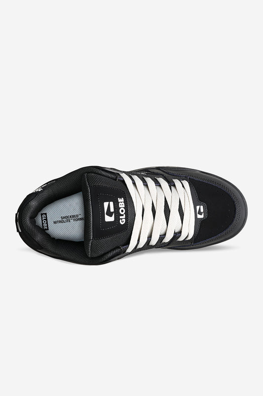 Top view of Tilt skate shoe in black with white laces and Globe logo on the tongue