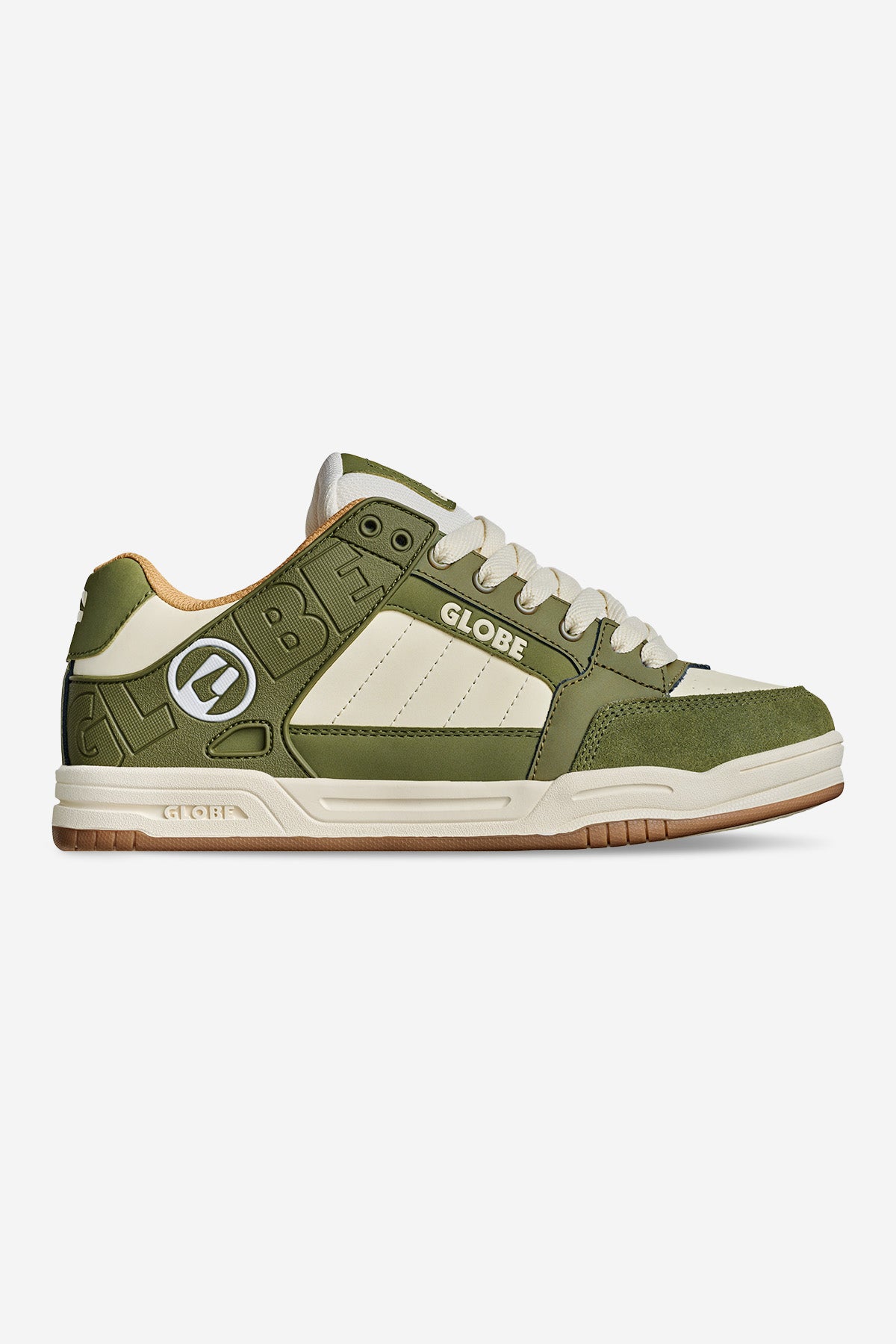 The Tilt - Green/Antique features a green and beige colorway with a white sole, gum outsole, white laces, layered panels, the Globe logo on the side, and a retro skate shoe design.