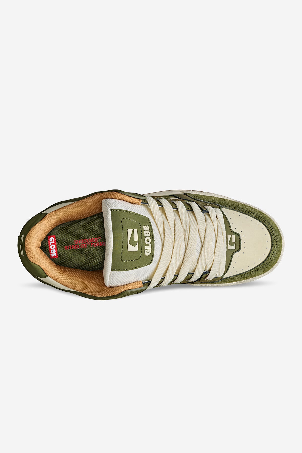 Top view of the Tilt - Green/Antique sneaker with olive green and beige panels, tan lining, white laces, Globe logo on the tongue, and a red patterned insole featuring Globe branding on the heel.