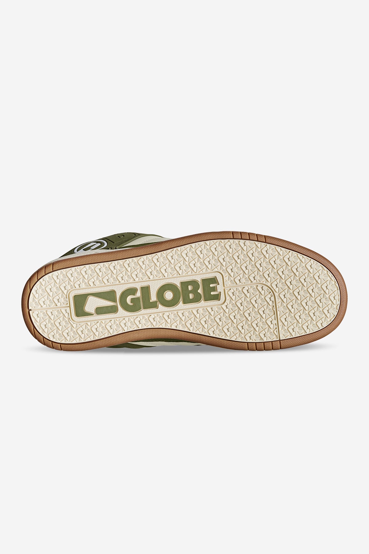 The sole of the Tilt - Green/Antique sneaker features the word GLOBE and its logo embossed in the center on a cream-colored, textured rubber bottom.