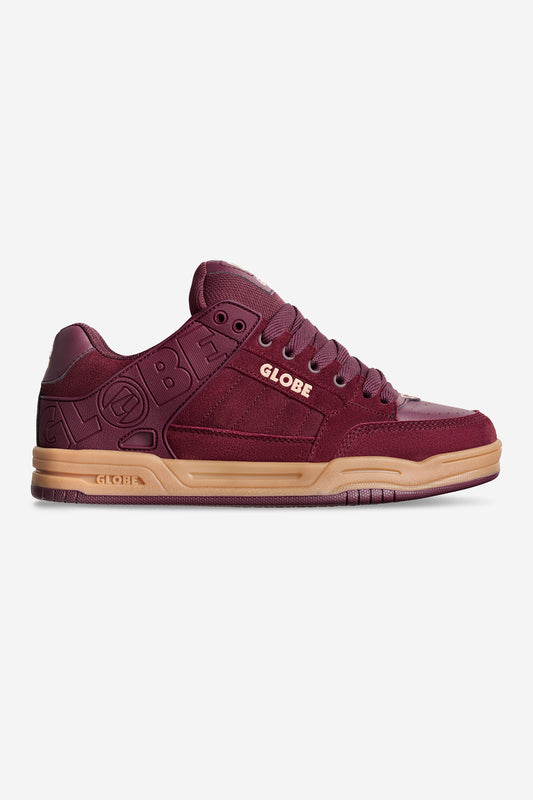 Tilt Port/Gum burgundy skate shoe top view with burgundy laces and tan gum sole.