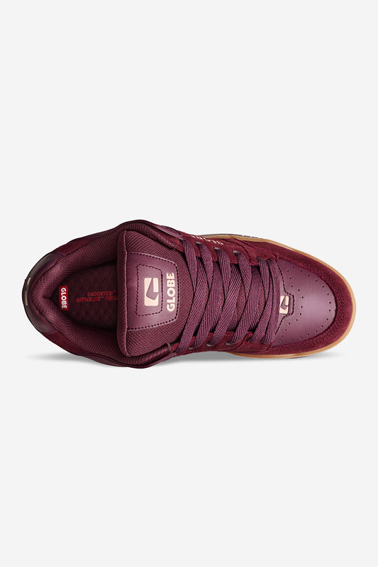 Tilt Port/Gum burgundy skate shoe top down view showcasing the laced upper and gum sole.