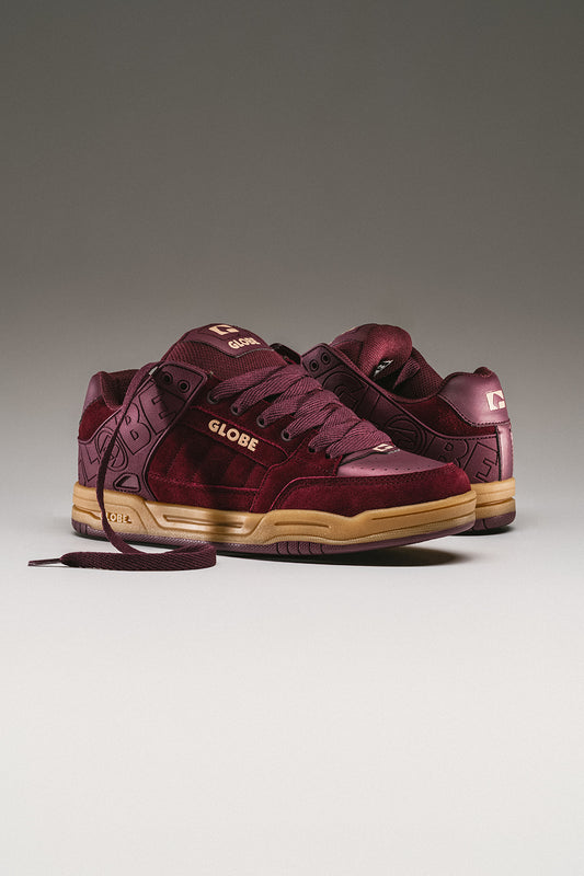 Port Gum Globe Tilt sneakers in burgundy with white laces and a tan gum sole