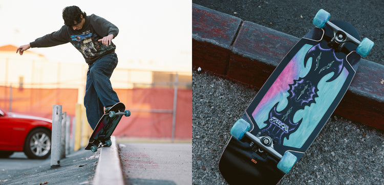 Lifestyle images of the Talon Cruiserboard 30" - Black/Blue/Green. 