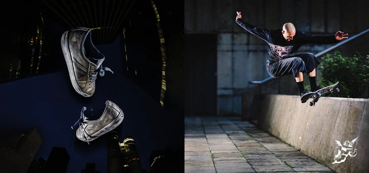 Action shot of Val skating in the Surplus - Black Distress/Bauer.