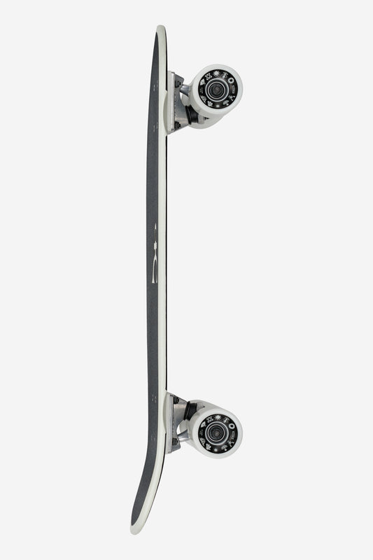 Side profile of Ma'at Blazer 26 inch cruiser board showing dark deck exposed trucks and white wheels