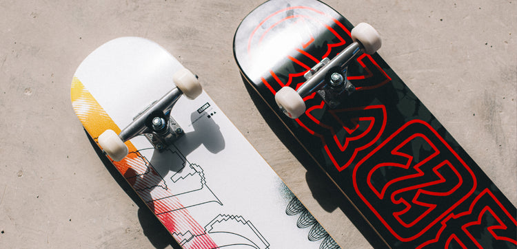 Close up shot of Globe's complete skateboards. 