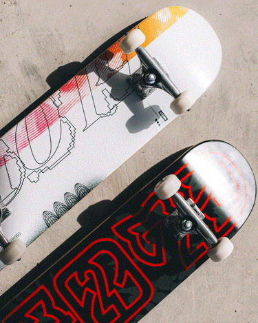 GIF of close up shots of Globe's complete skateboards. 
