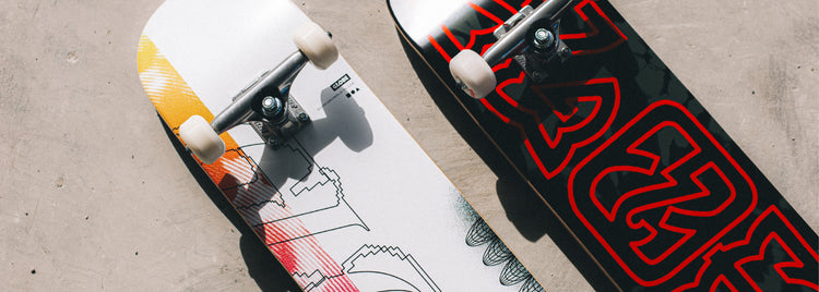 Close up shot of Globe's complete skateboards. 