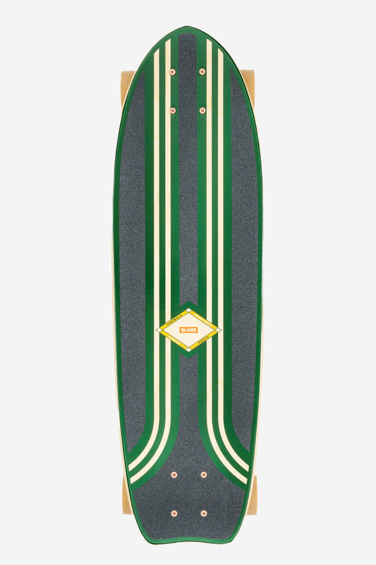 The Sidewalk Slider Cruiserboard 28" - Green/Croc has dark grip tape, green and cream lengthwise stripes, a yellow diamond-shaped center logo, and visible board edges and wheels.