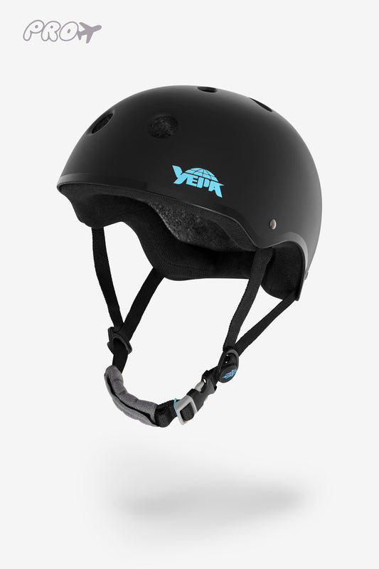 Angled front view of the YEPA T-Shell Pro Helmet Hawk - Matte Black/Teal.
