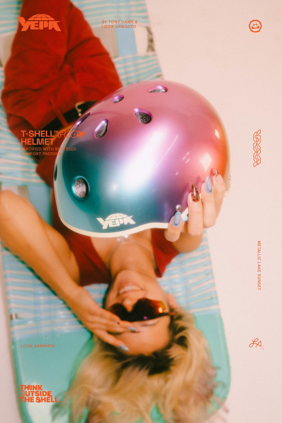 Lifestyle shot of the YEPA T-Shell Pro Helmet Lizzie - Metallic Lake Sunset.