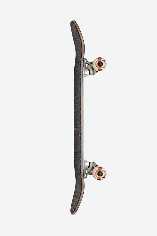 The Kids Softie Mid Complete 8.25" - Dark Maple/Concrete Dreams skateboard is shown from the side on a white background with black grip tape, white wheels, and curved deck ends.