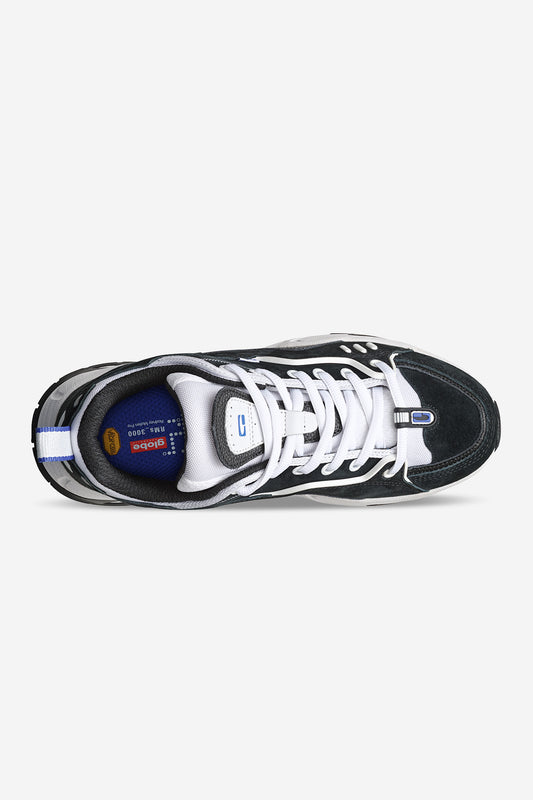 Top view of the CT-4000 - Black/White: a heritage classic shoe with white laces, blue padded insole, Vibram EVA sole, and heel pull tab, photographed on a white background.