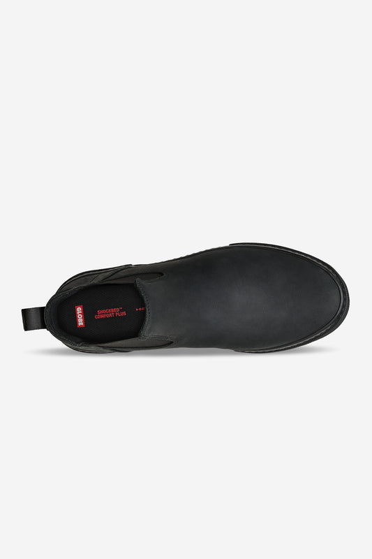 Top view of the Dover II - Black Crazyhorse slip-on skate shoe with heel pull tab, plain rounded toe, and red branding on the insole—ideal for casual wear or skateboarding—set against a white background.