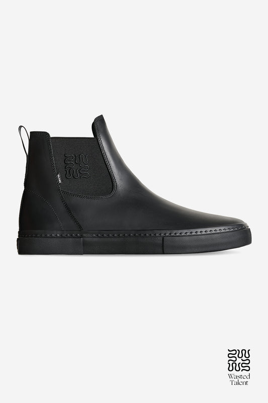 Dover II Wasted Talent black pull up Chelsea inspired skate boot shown in side profile