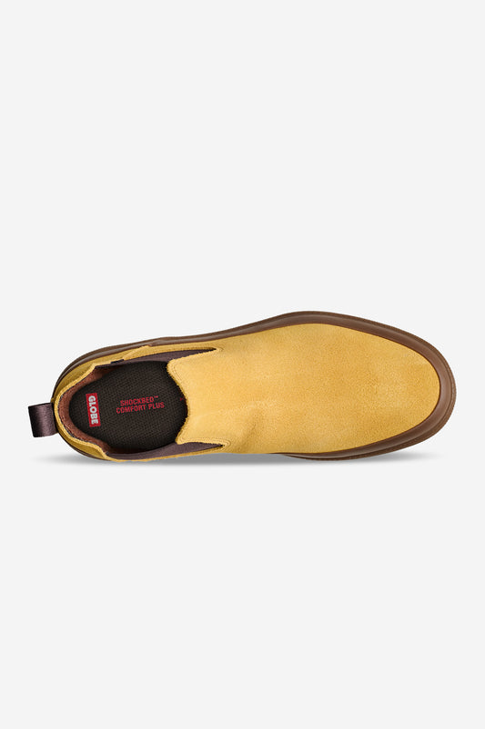 Top view of the Dover II Trek in Wheat/Gum/Summit: a tan suede slip-on Chelsea boot with a brown sole, black lining, and red Clarks Shoemakers Comfort Plus insole label. Features water-repellent leather for added durability.