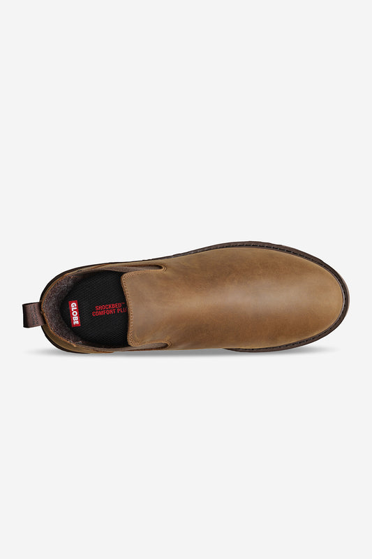 Top view of the Dover II Vibram - Brown Crazyhorse Chelsea boot, featuring slip-on leather, elastic side panels, a heel pull tab, dark stitching, and a black OrthoLite insole with red and white branding.