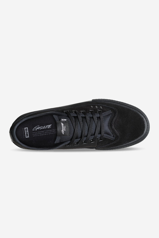 Top view of the Gillette - Black/Suede/Black pro skate shoe with black laces, black sole, and Colette branding on the insole and tongue. Features a Lux PU insole for comfort. Set against a plain white background.