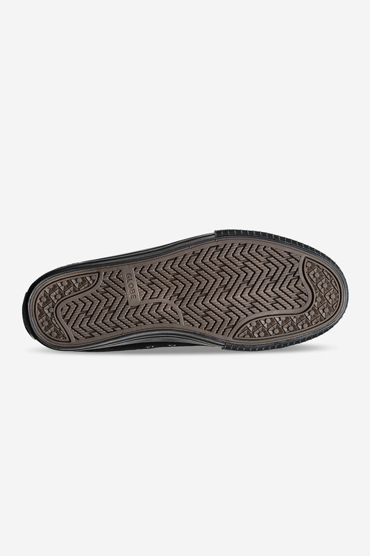 The image shows the sole of the Gillette - Black/Suede/Black pro skate shoe featuring a black and brown herringbone tread pattern, textured edges for grip and traction, with "BOSS" stamped in the center.
