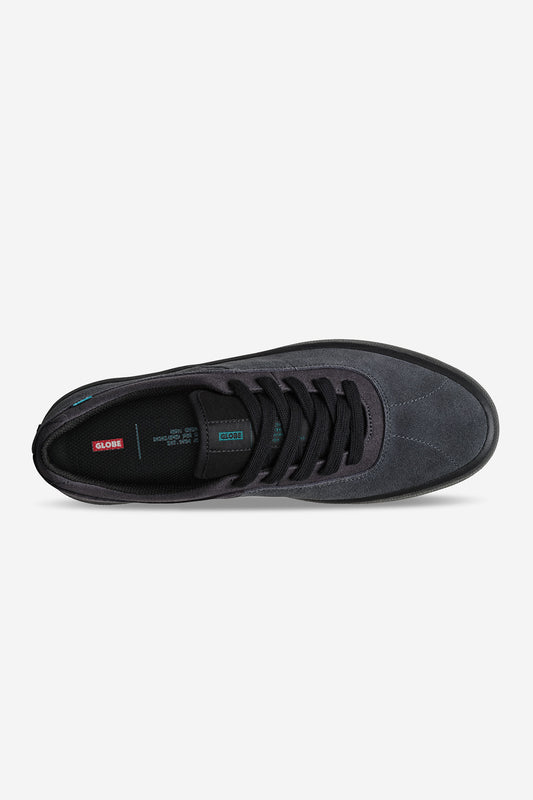 Top view of Melbek skate shoe in dark grey suede with black laces