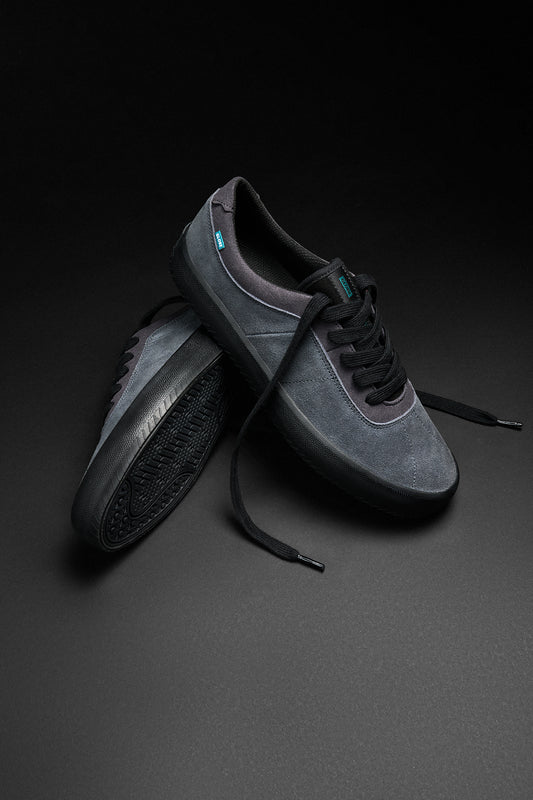 Melbek skate shoe in blue grey suede with black outsole and laces