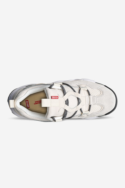 Top view of the Option Evo - Stone/Vanilla: a white sneaker with gray and black accents, visible laces, beige interior, red branding tags, mesh and suede layers, chunky Nitrolite EVA midsole, TPU shank, and a heritage-inspired design.