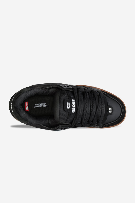 Top view of Globe Sabre skate shoe in black Onyx with a gum sole and padded collar.