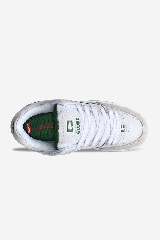 Top view of the Tilt - White/Green sneaker, featuring a heritage skate silhouette, green insole, Nike and CLOVER logos on the tongue, and a small green Nike logo on the toe.
