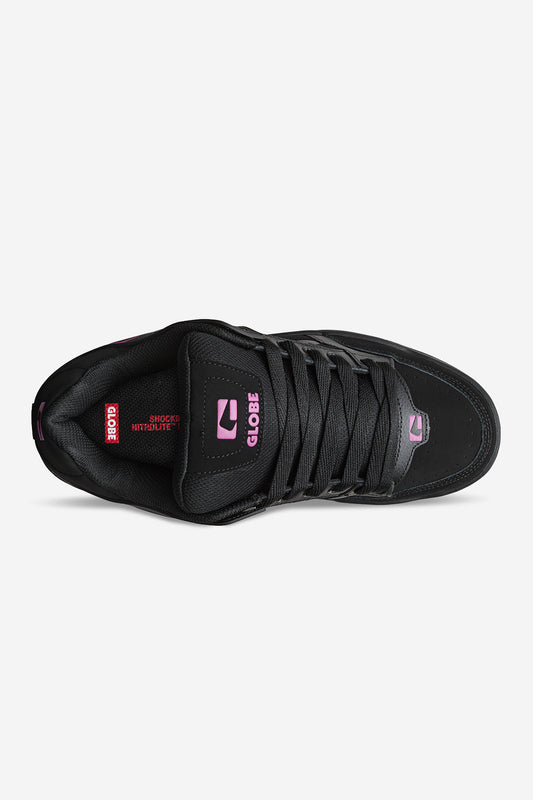 Top view of the Tilt - Black/Black/Pink sneaker featuring a black upper, pink logo details on the tongue and side, black laces, a red insole with white and red GLOBE STICKER NATURALS text, and classic heritage skate silhouette.