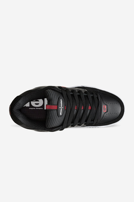 Top view of the Tilt Prime - Black / Mullen skate shoe with black leather, black laces, subtle red stitching, a white logo insole, perforated toe area, and a padded tongue for comfort.