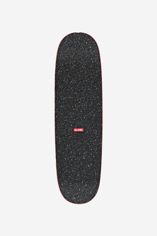 Top view of black glitter speckle skateboard deck with red edge and trucks