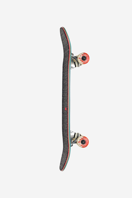 Side profile of black glitter skateboard with teal edging and red wheels