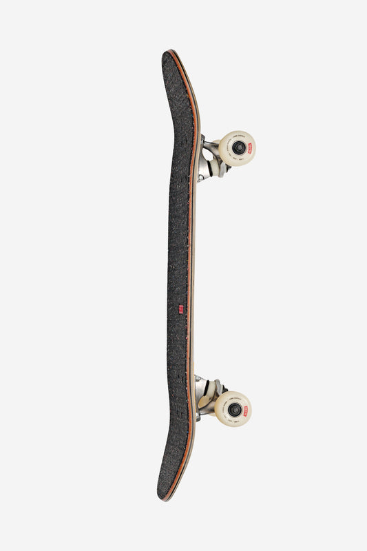 The Kids Softie Mini Complete 7.9" - Natural/Por Vida is shown from the side on a white background, highlighting its black grip tape, visible wooden layers, and white wheels.