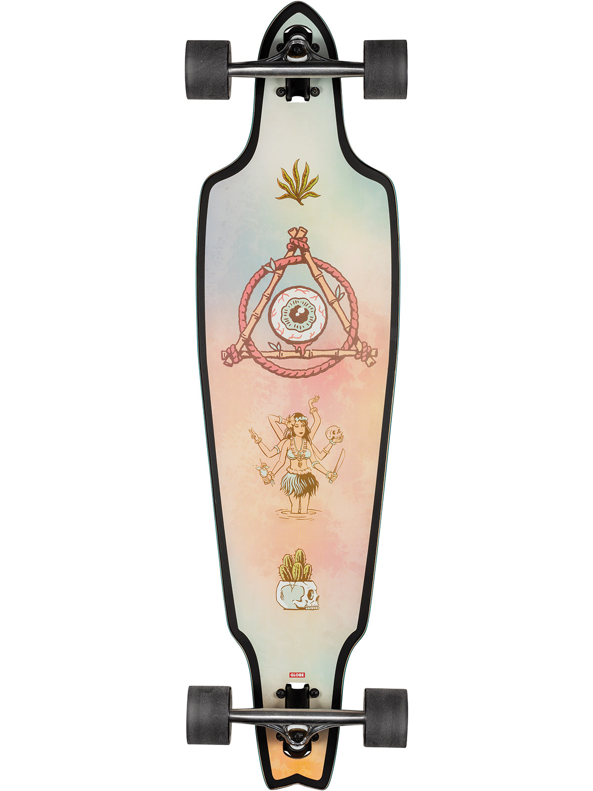 Top-down view of Prowler Classic longboard with cutaway wheel wells grey marbled deck printed grip tape and red Globe logo