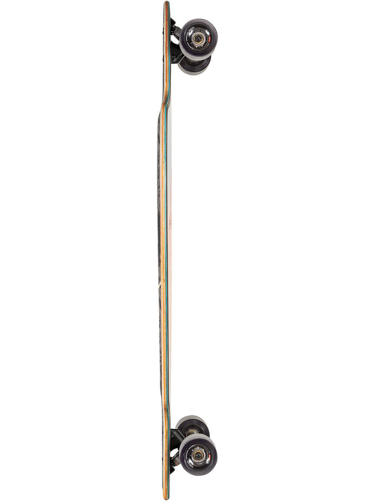 Side view of Prowler Classic longboard showing edge stripe and exposed trucks